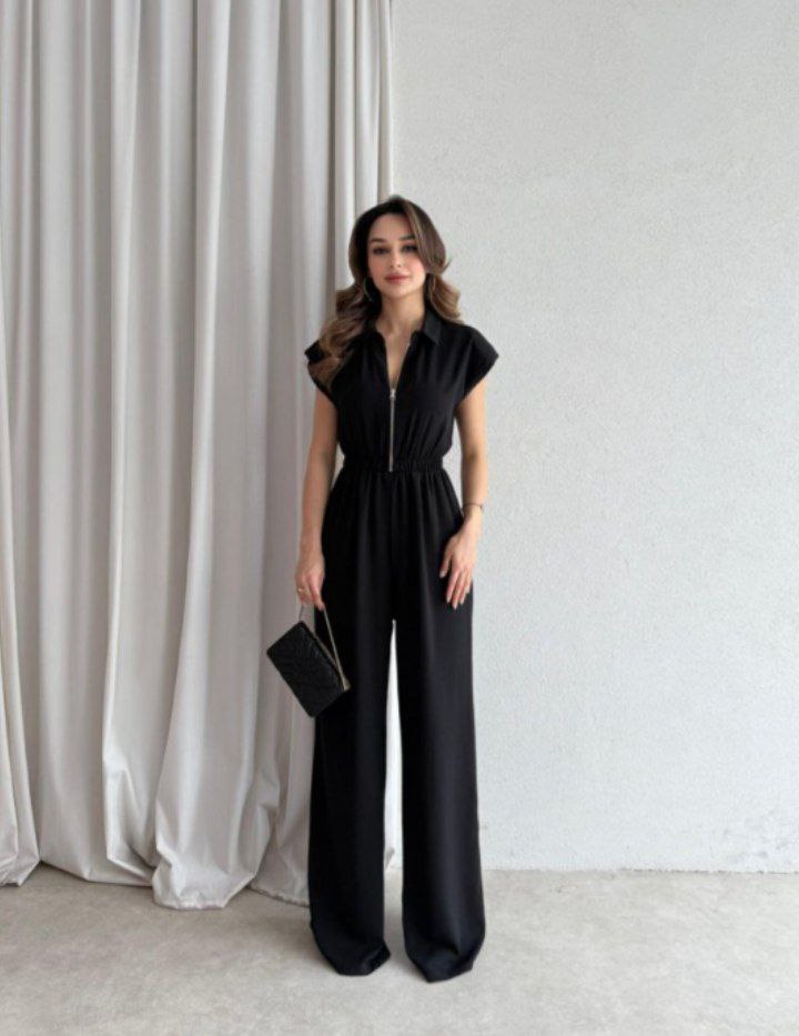 Cap Sleeve Zip-Up Collared Wide-Leg Jumpsuit