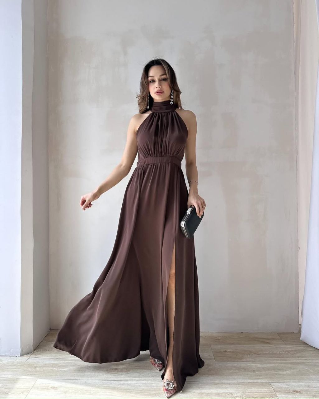 "Halter Neck Satin Maxi Dress with Side Slit"