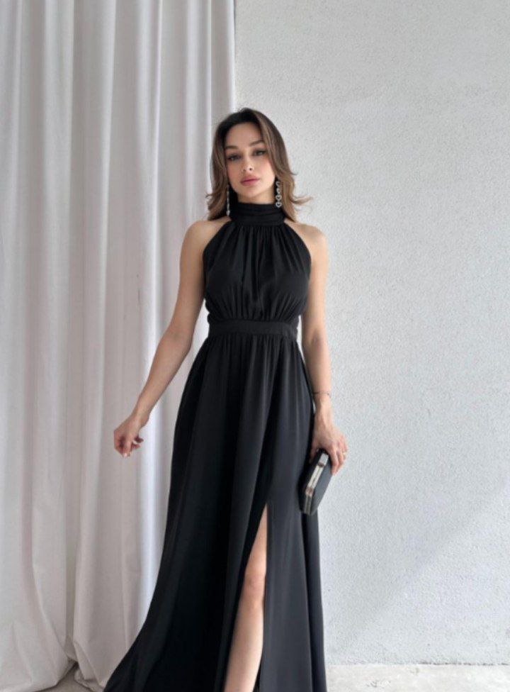 "Halter Neck Satin Maxi Dress with Side Slit"