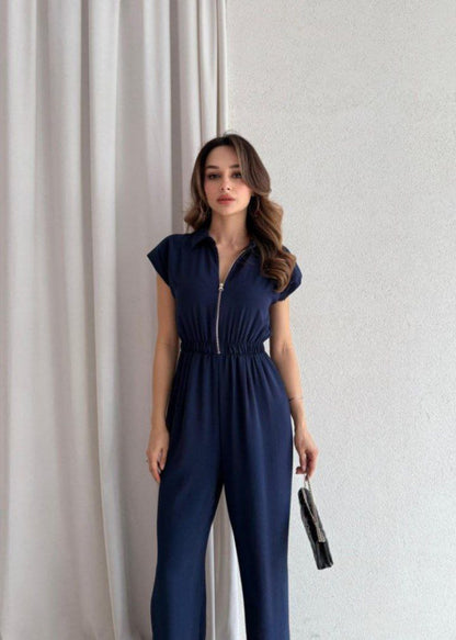 Cap Sleeve Zip-Up Collared Wide-Leg Jumpsuit