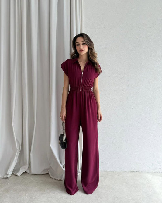 Cap Sleeve Zip-Up Collared Wide-Leg Jumpsuit