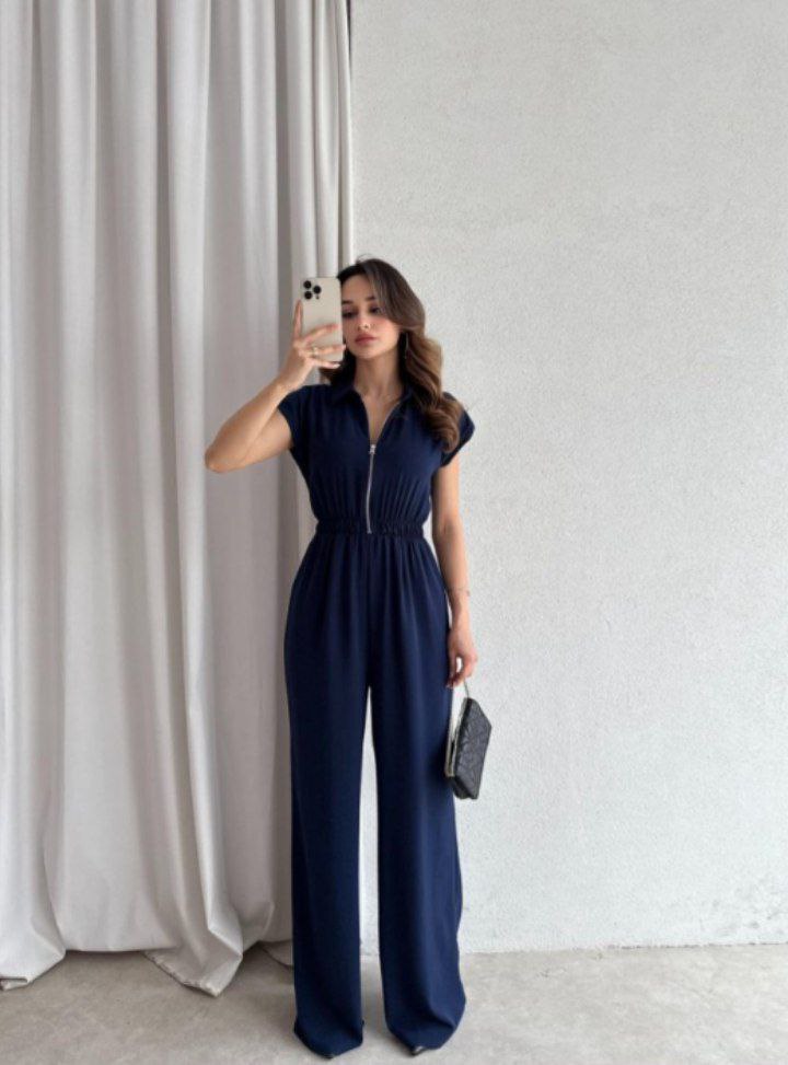 Cap Sleeve Zip-Up Collared Wide-Leg Jumpsuit