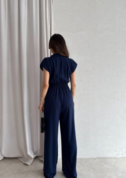 Cap Sleeve Zip-Up Collared Wide-Leg Jumpsuit