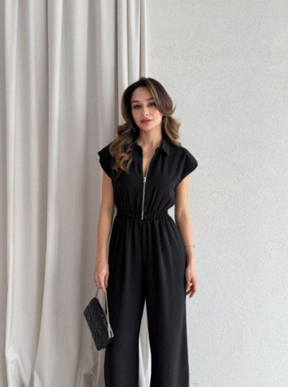 Cap Sleeve Zip-Up Collared Wide-Leg Jumpsuit