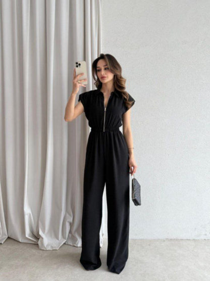 Cap Sleeve Zip-Up Collared Wide-Leg Jumpsuit