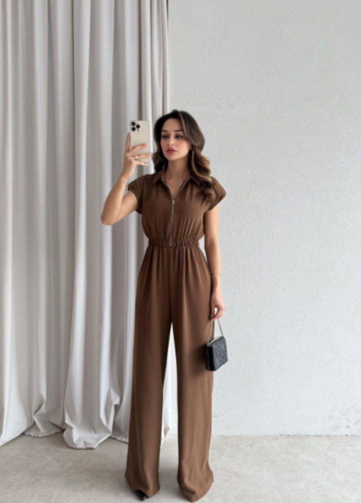 Cap Sleeve Zip-Up Collared Wide-Leg Jumpsuit