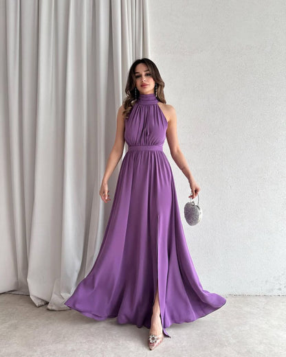 "Halter Neck Satin Maxi Dress with Side Slit"