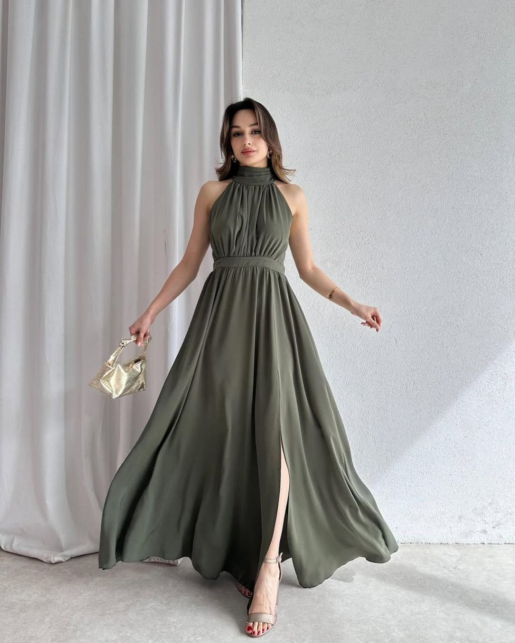 "Halter Neck Satin Maxi Dress with Side Slit"