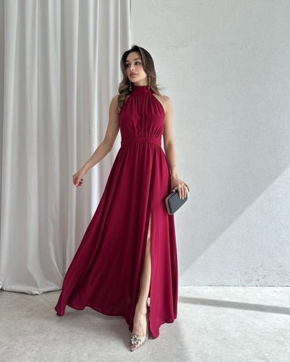 "Halter Neck Satin Maxi Dress with Side Slit"