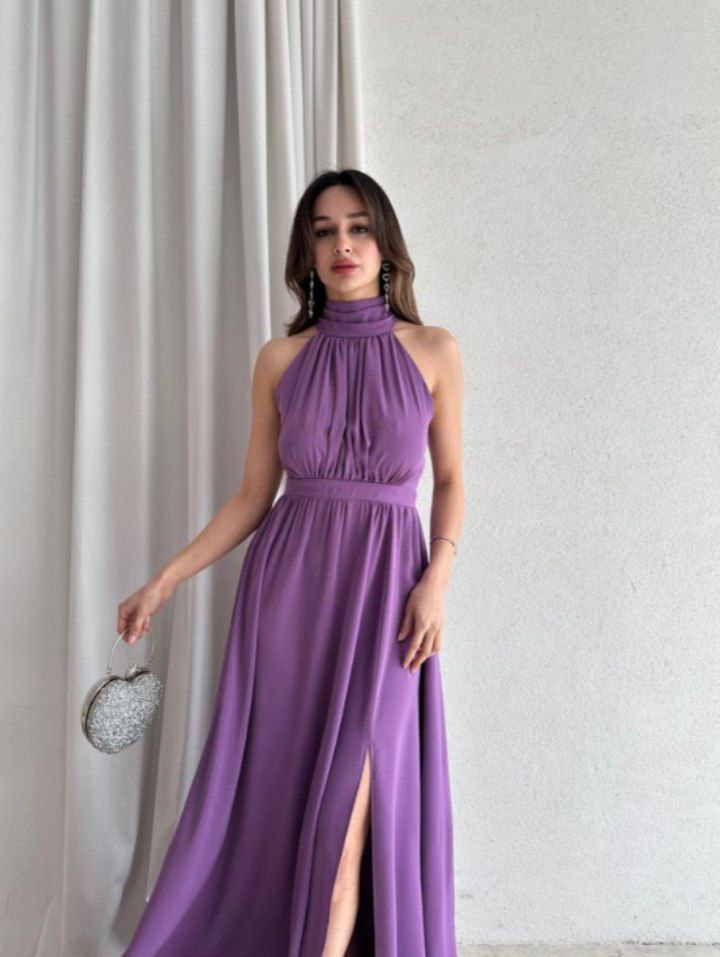 "Halter Neck Satin Maxi Dress with Side Slit"