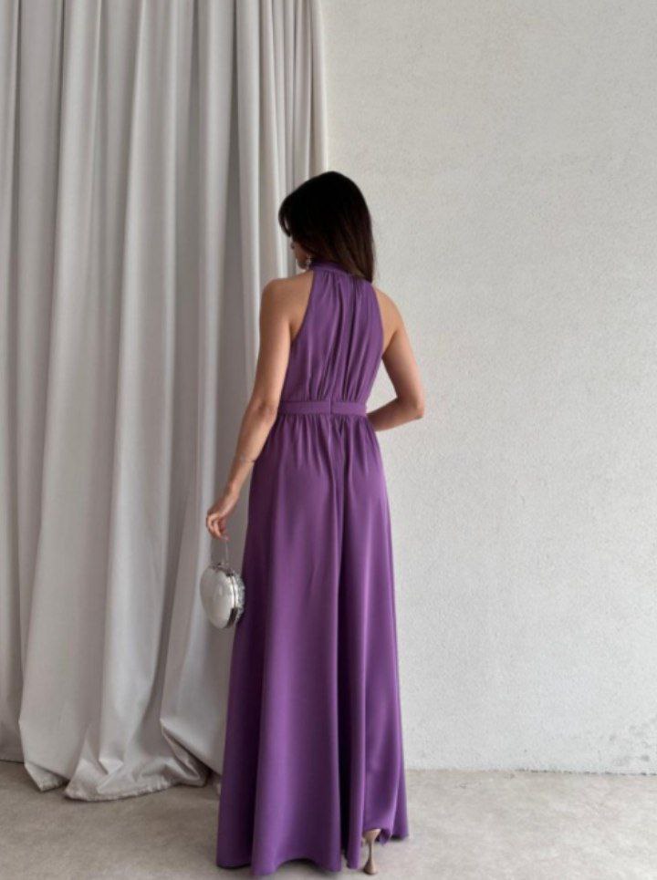 "Halter Neck Satin Maxi Dress with Side Slit"
