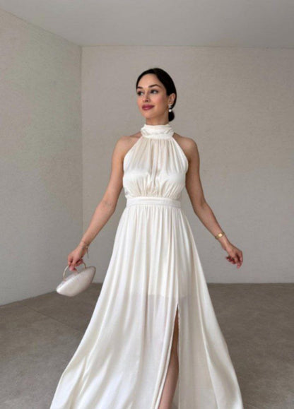 "Halter Neck Satin Maxi Dress with Side Slit"