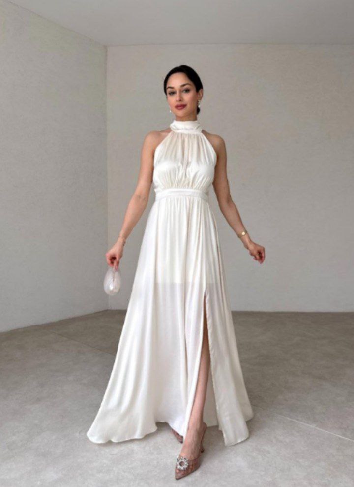 "Halter Neck Satin Maxi Dress with Side Slit"