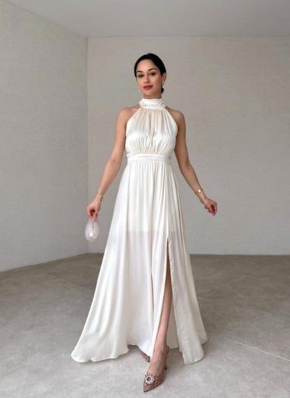 "Halter Neck Satin Maxi Dress with Side Slit"