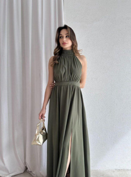"Halter Neck Satin Maxi Dress with Side Slit"
