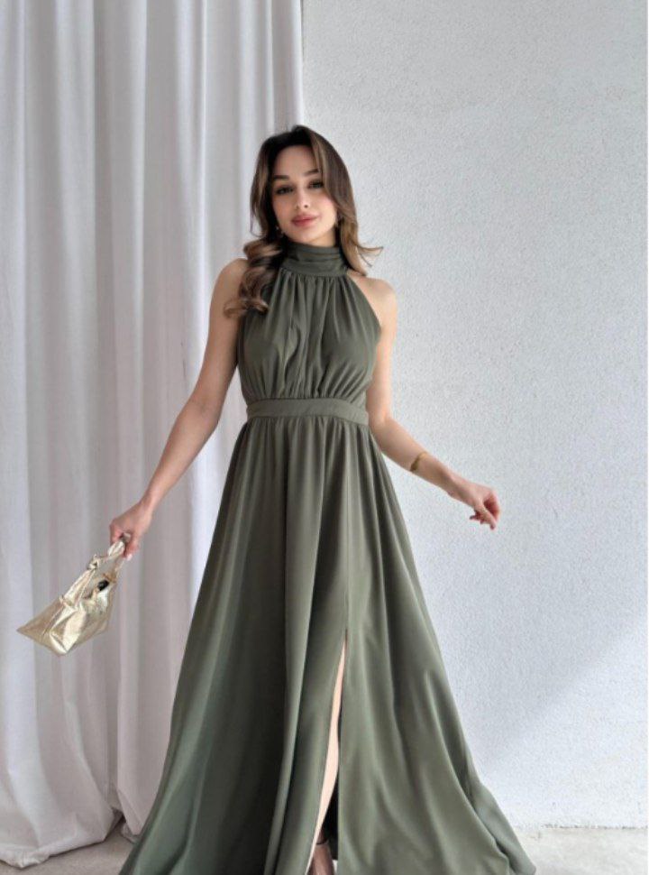 "Halter Neck Satin Maxi Dress with Side Slit"