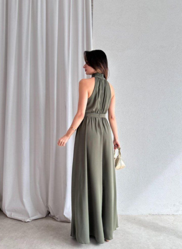 "Halter Neck Satin Maxi Dress with Side Slit"