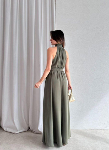 "Halter Neck Satin Maxi Dress with Side Slit"