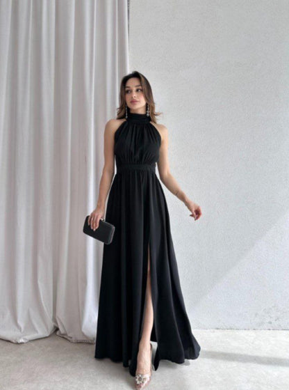 "Halter Neck Satin Maxi Dress with Side Slit"
