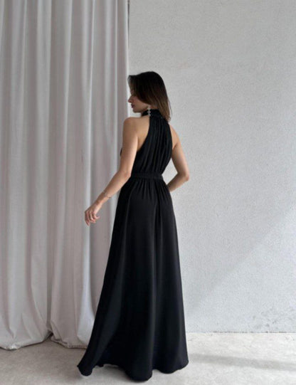 "Halter Neck Satin Maxi Dress with Side Slit"