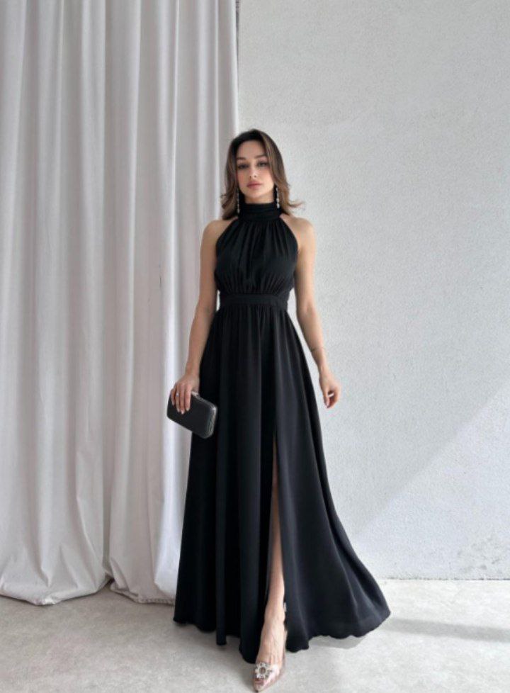 "Halter Neck Satin Maxi Dress with Side Slit"